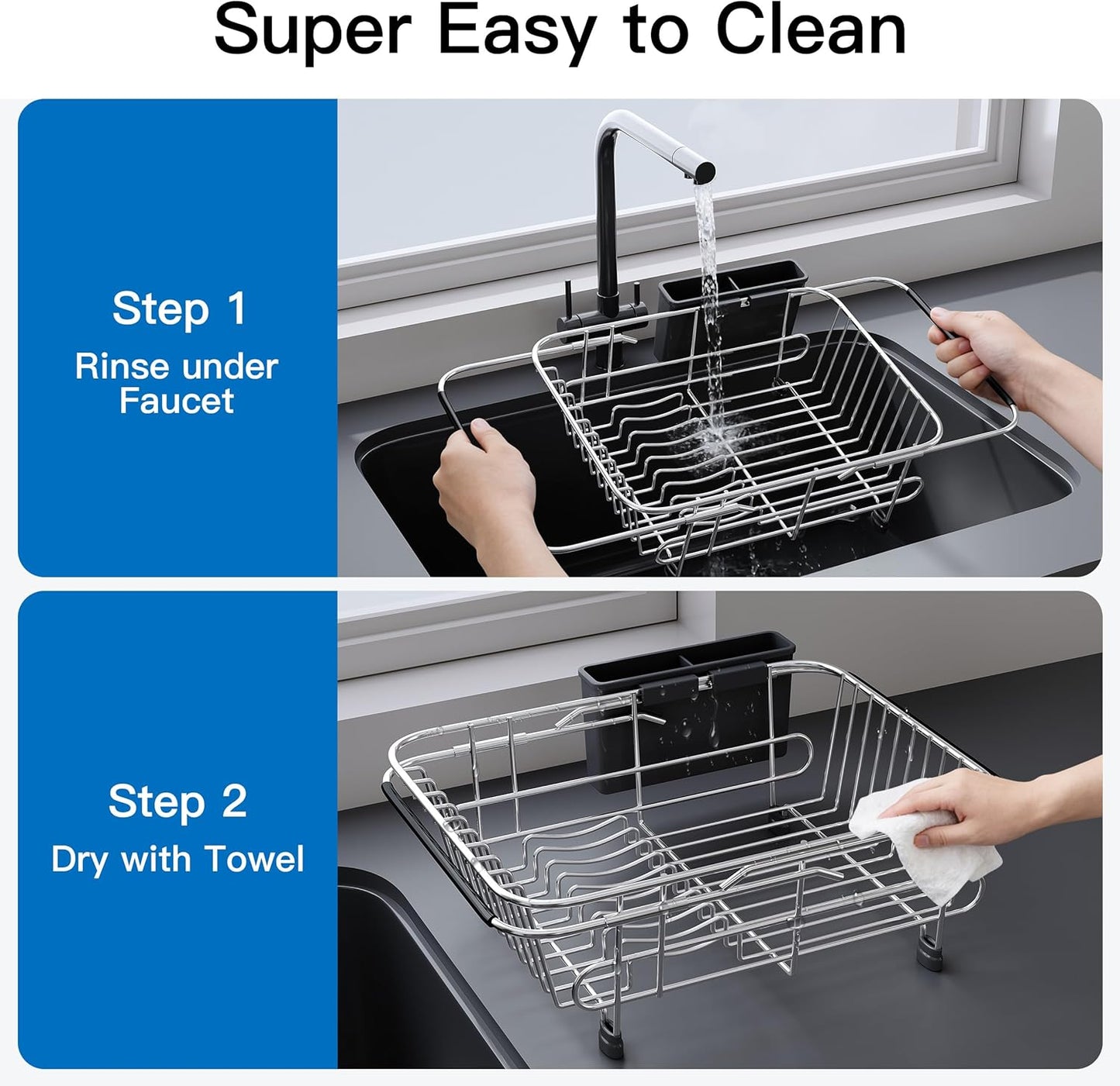 JASIWAY Dish Drying Rack in Sink, Expandable Stainless Steel Dish Drainers for Kitchen Counter, Dish Dryer Rack for Inside Sink, Over The Sink Dish Racks with Utensil Holder, Silver