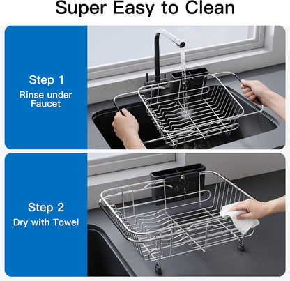 JASIWAY Dish Drying Rack in Sink, Expandable Stainless Steel Dish Drainers for Kitchen Counter, Dish Dryer Rack for Inside Sink, Over The Sink Dish Racks with Utensil Holder, Silver