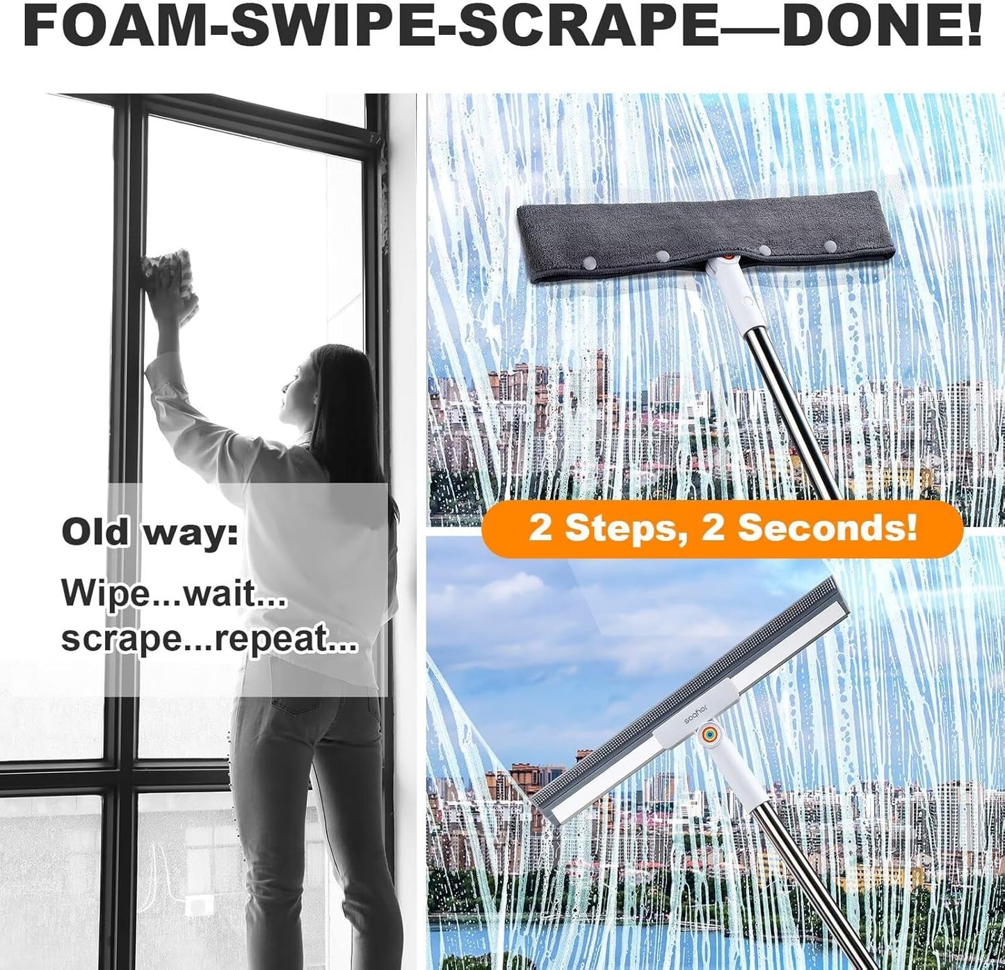 Squeegee Broom for Floor, 18" Heavy Duty Floor Squeegee with Rubber Scrubbing Teeth, 2-in-1 Magic Silicone Broom for Pet Hair, Dust, Water, Tile and Carpet, 61" Long Handle