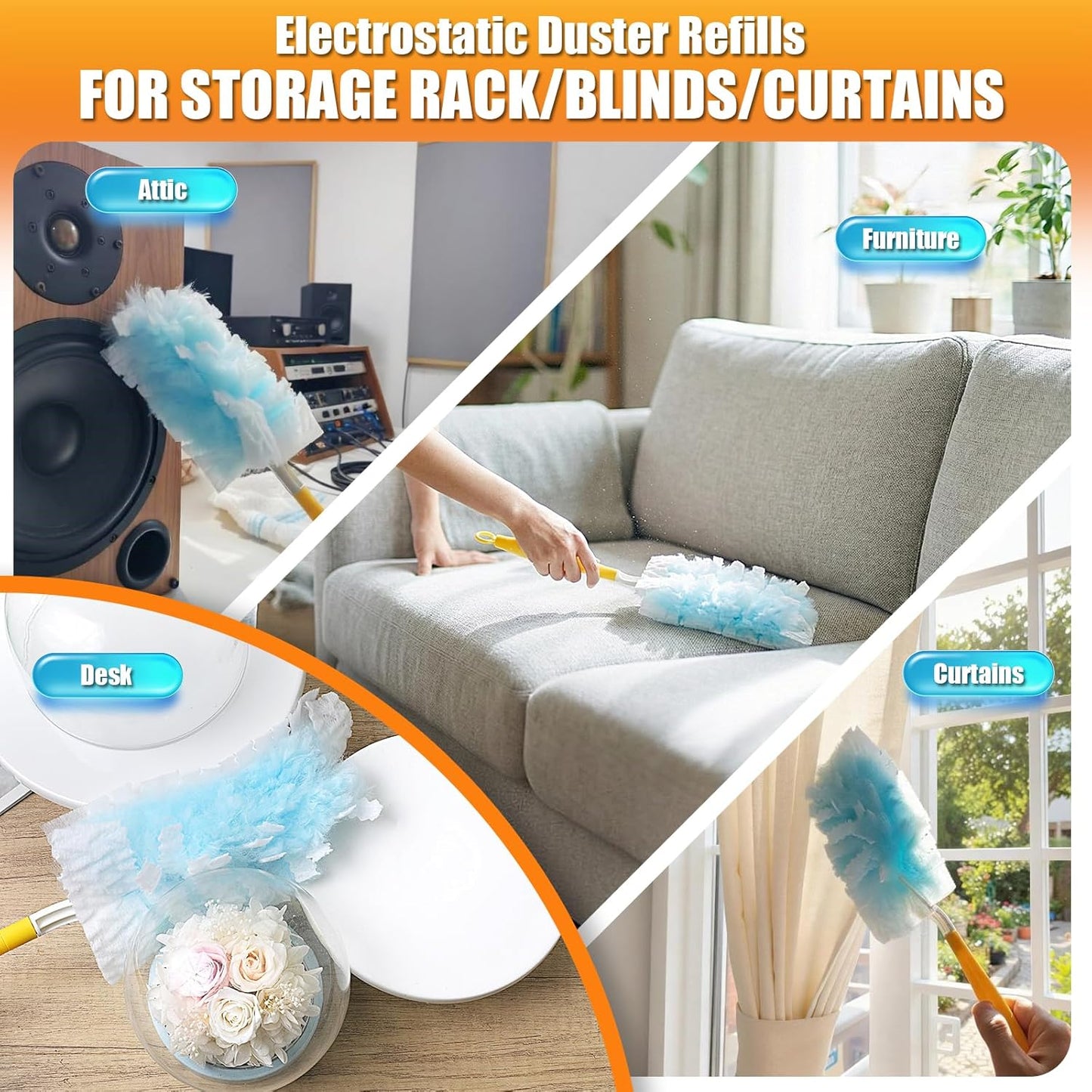 80 Count Duster Refills with 1 Short Handle & 3 ft Extendable Handle, Compatible with Swiffer Duster, 180° Disposable Microfiber Cleaning Dusters, Unscented