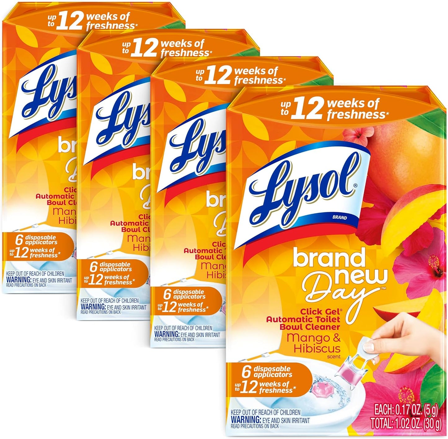 Lysol Click Gel Automatic Toilet Bowl Cleaner, Gel Toilet Bowl Cleaner, For Cleaning and Refreshing – Mango & Hibiscus, 6 applicators (Pack of 4, 24 Count Total)