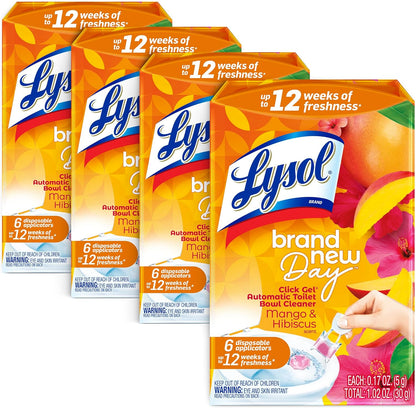 Lysol Click Gel Automatic Toilet Bowl Cleaner, Gel Toilet Bowl Cleaner, For Cleaning and Refreshing – Mango & Hibiscus, 6 applicators (Pack of 4, 24 Count Total)