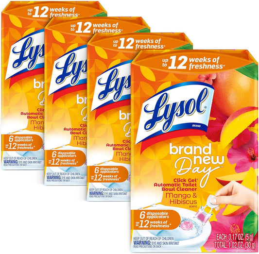 Lysol Click Gel Automatic Toilet Bowl Cleaner, Gel Toilet Bowl Cleaner, For Cleaning and Refreshing – Mango & Hibiscus, 6 applicators (Pack of 4, 24 Count Total)