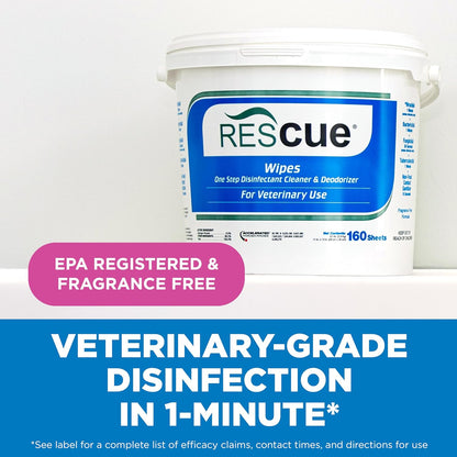 REScue One-Step Disinfectant Cleaner & Deodorizer Wipes for Vet Use – Cleaner for Kennels, Litter Boxes, Vet Offices, Pet Grooming Surfaces, Pet Items – Wipes Canister, 160-Count (Pack of 1)