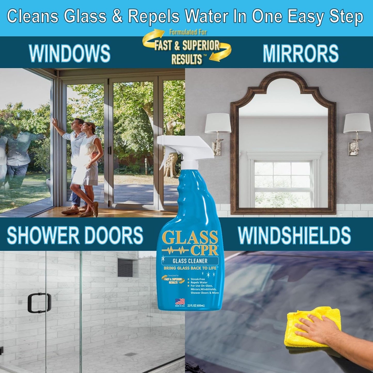 Glass CPR 2-in-1 Glass Cleaner and Water Repellent, 22 oz Spray plus 2 Microfiber Applicator Towels, Streak-Free for Shower Doors, Windshields, Mirrors, Hard Water Stain Formula, Made in USA
