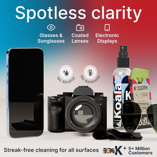 Koala Eyeglass Lens Cleaner Spray Kit | (2x) Glasses Cleaner Bottle + (2x) Microfiber Cloth | Alcohol Free Eyeglasses, Screen, and Camera Cleaning Kit | Made in USA (4 Piece Set)