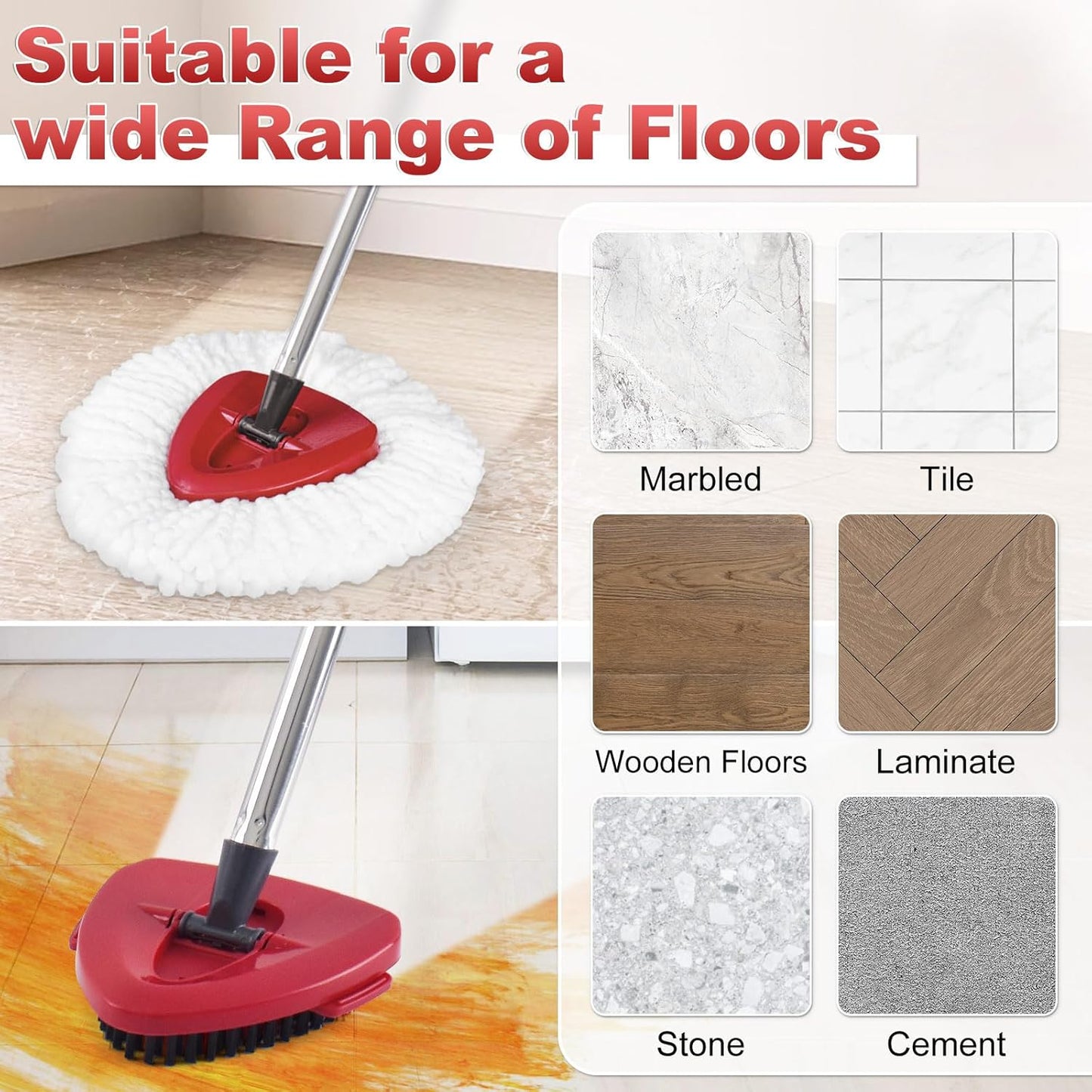 Spin Mop Replace Head, Base, Mop Handle Replacement for OCedar EasyWring 1 Tank System, Include 2 Microfiber Mop Head Replacement, 1 Sturdy Iron 30-58" Mop Handle, 1 Scrubber Head, 1 Spin Base