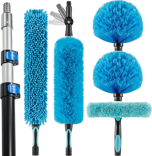20 Foot High Ceiling Fan Duster with 5-12ft Extension Pole, Extendable Reusable Cobweb, Feather, Window Cleaning Squeegee Kit
