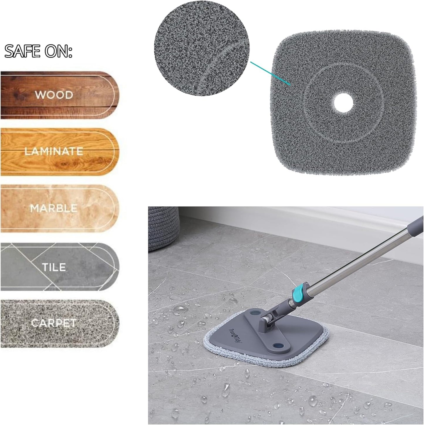 True & Tidy Silicone Sweeper Mop Head + 2pc Machine Washable Microfiber Pad for SPIN-800 TrueClean Mop and Bucket System Square Spin Accessories Set