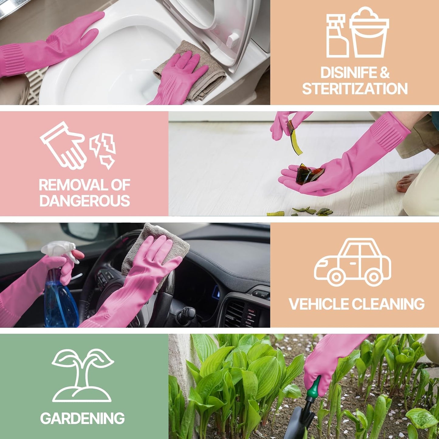 DABOGOSA Mamison 2 Pairs Reusable Waterproof Household Dishwashing Cleaning Rubber Gloves, Non-Slip Kitchen Glove (Pink, Medium (Pack of 2))