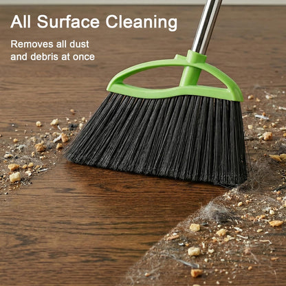 Soft Bristles Green Angle Broom and Dustpan Set, Long Handle Household Indoor Broom with Dustpan Combo Set for Room Kitchen Lobby Office Hardwood Floor Sweeping Floor Cleaning
