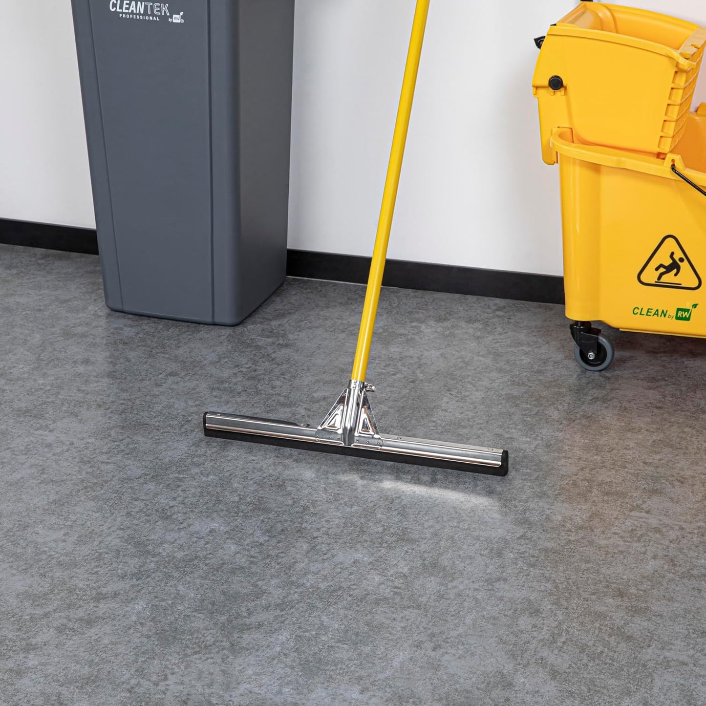 Restaurantware RW Clean 54.3 Inch Non-Slip Handle For Floor Squeegee - Hanging Loop Durable Yellow Iron Handle
