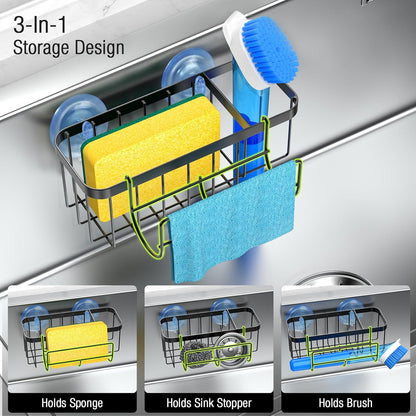 3-in-1 Kitchen Sink Caddy Organizer with Sponge Holder, Brush Holder, Extra Rack for Scrubber, Sink Stopper, Dish Cloth Hanger - Strong Dual Suction Cup, 2.0mm SUS304 Stainless Steel - Grey