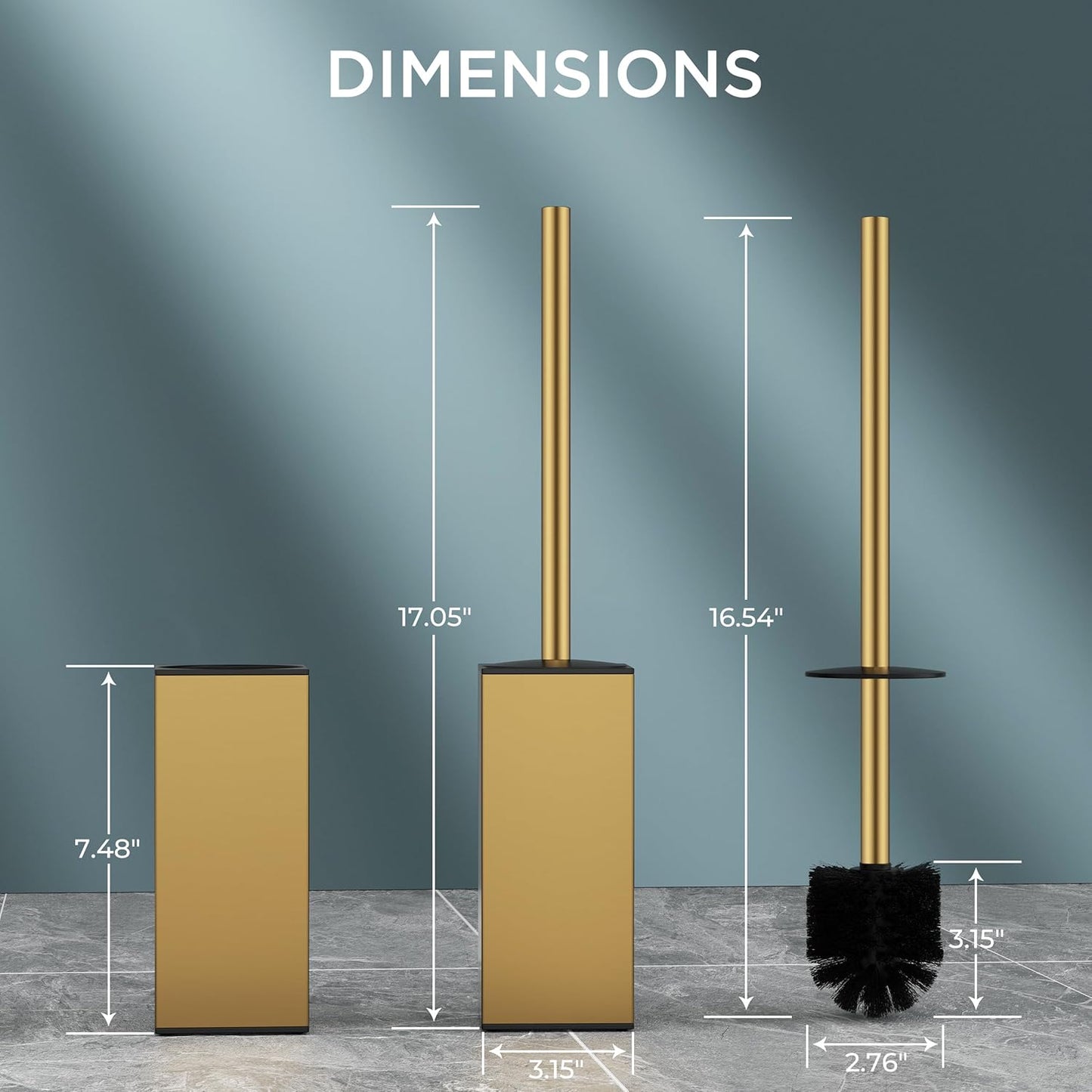 FORIOUS Toilet Brush and Holder Set, Heavy Duty 304 Stainless Steel Base Square and Long Handle for Bathroom Deep Cleaning, Drip-Proof, Space Saving for Storage, 2 Toilet Bowl Brush Head, Black