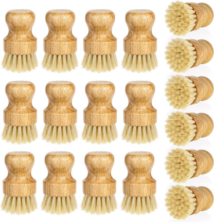 12 Pcs Bamboo Dish Scrub Brushes Kitchen Dishwashing Cleaning Brush Wooden Scrubbers Set Sisal Bristles Cleaner Scrubber for Washing Cast Iron Pan Pot Sink Spatula