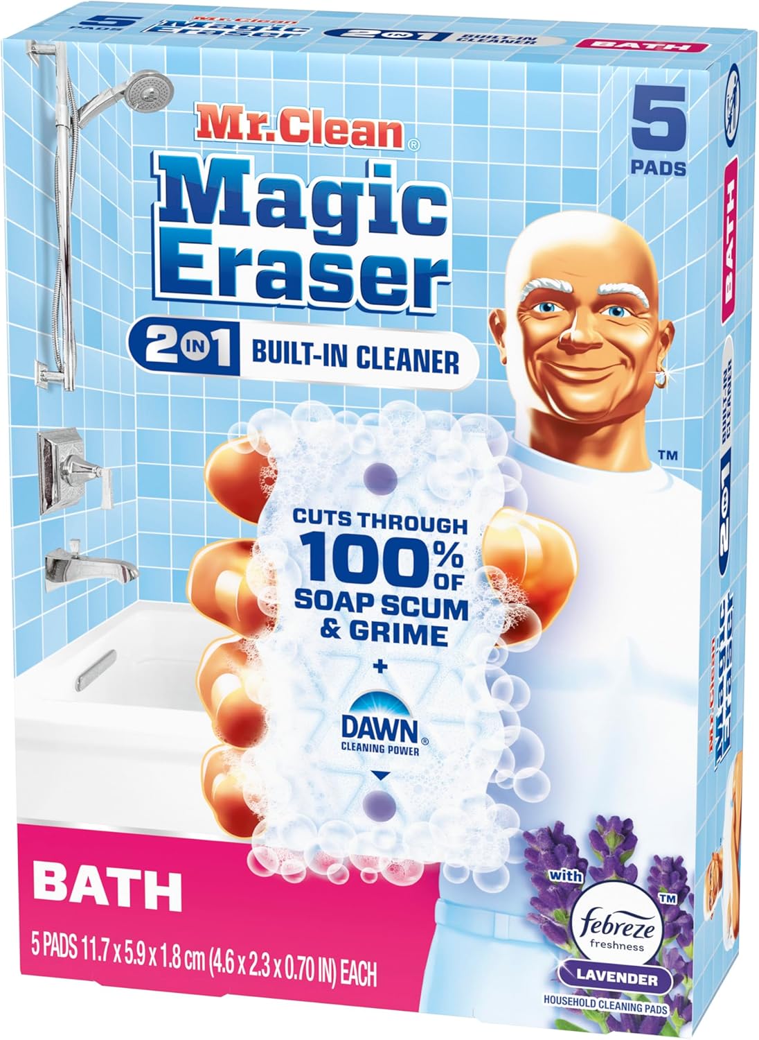 Mr. Clean Magic Eraser Sponge, Bathroom Cleaner, Shower Cleaner, Tub Cleaner, Soap Scum Remover, Bathroom Cleaning Supplies, Dawn Cleaning Power with Febreze Lavender Scent, 5ct