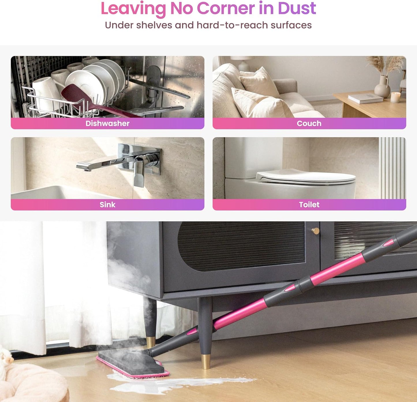 Schenley Steam Mop Cleaner Powerful - 15s Fast Heat-Up, Chemical-Free for Hardwood/Tile/Laminate & Floors/Walls, Washable Pads, 3 Modes for Carpet, Lightweight, Self-Standing, Sleek Design