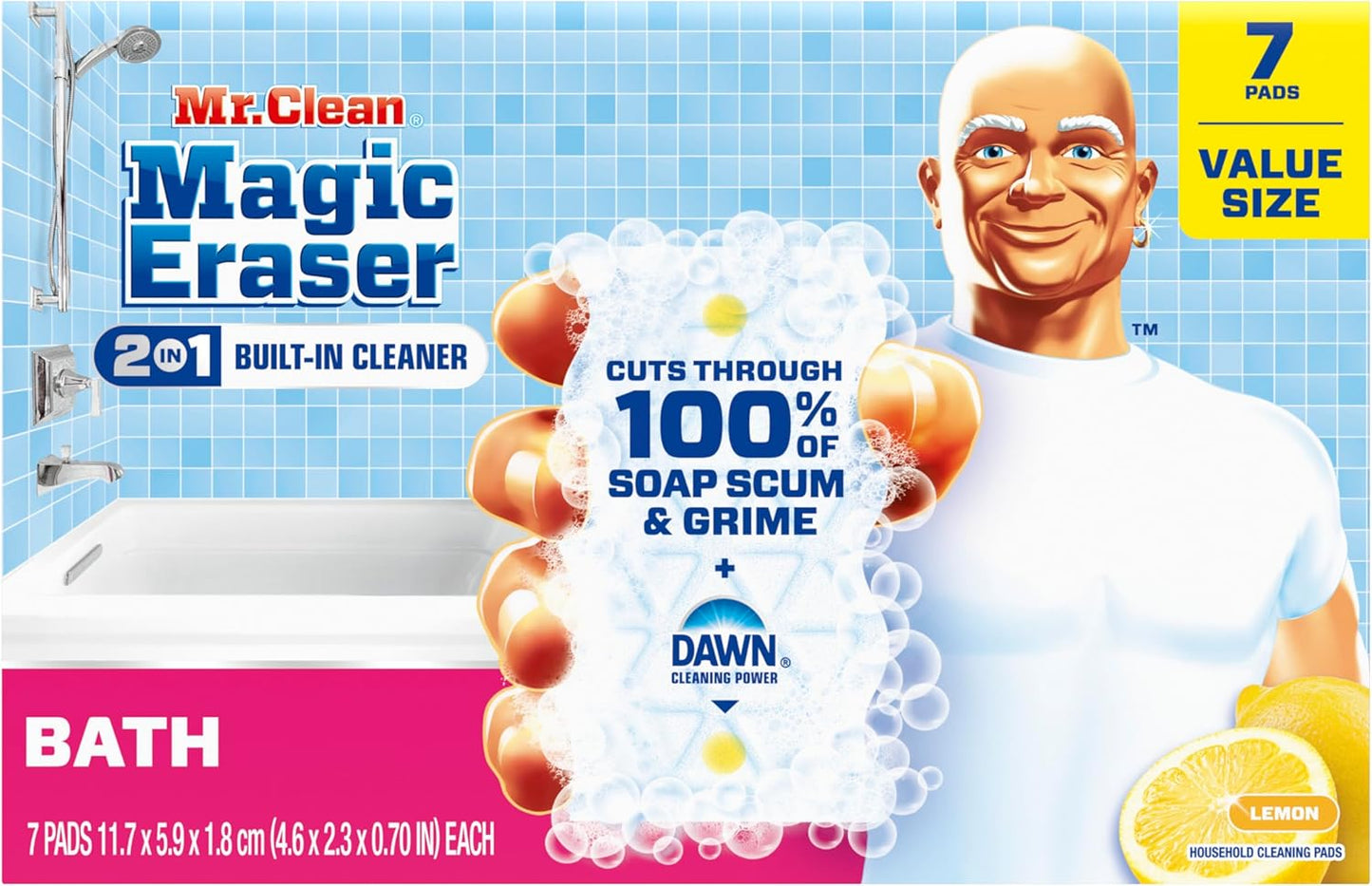 Mr. Clean Magic Eraser Sponge, Bathroom, Shower, Tub Cleaner, Soap Scum Remover, Bathroom Cleaning Supplies, Dawn Cleaning Power with Lemon Scent, Shower & Tub, 6ct