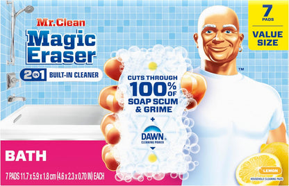 Mr. Clean Magic Eraser Sponge, Bathroom, Shower, Tub Cleaner, Soap Scum Remover, Bathroom Cleaning Supplies, Dawn Cleaning Power with Lemon Scent, Shower & Tub, 6ct