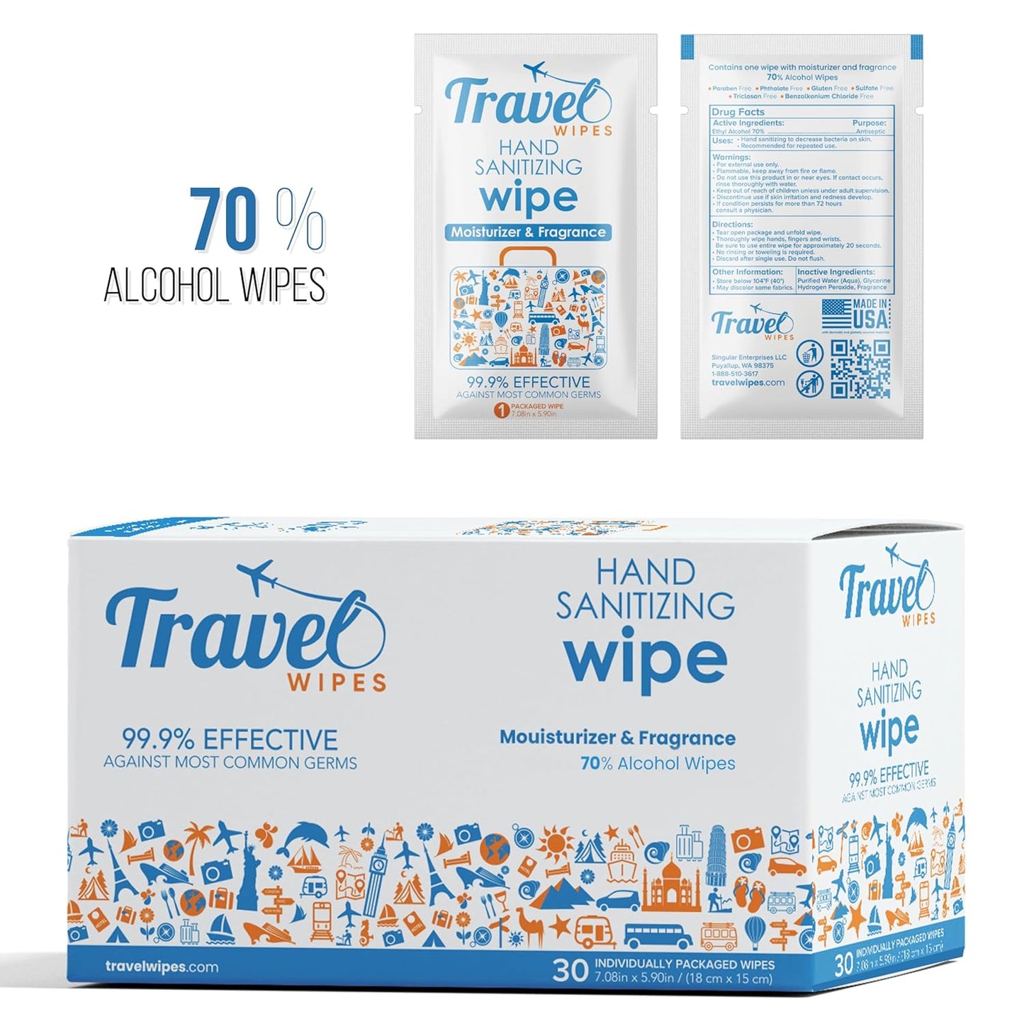Hand Sanitizing Travel Wipes – 30ct Individually Wrapped | Fragrance-Free, Moisturizing, 70% Isopropyl Alcohol Wipes | Travel, Home, Office, Daily Use | Made in USA