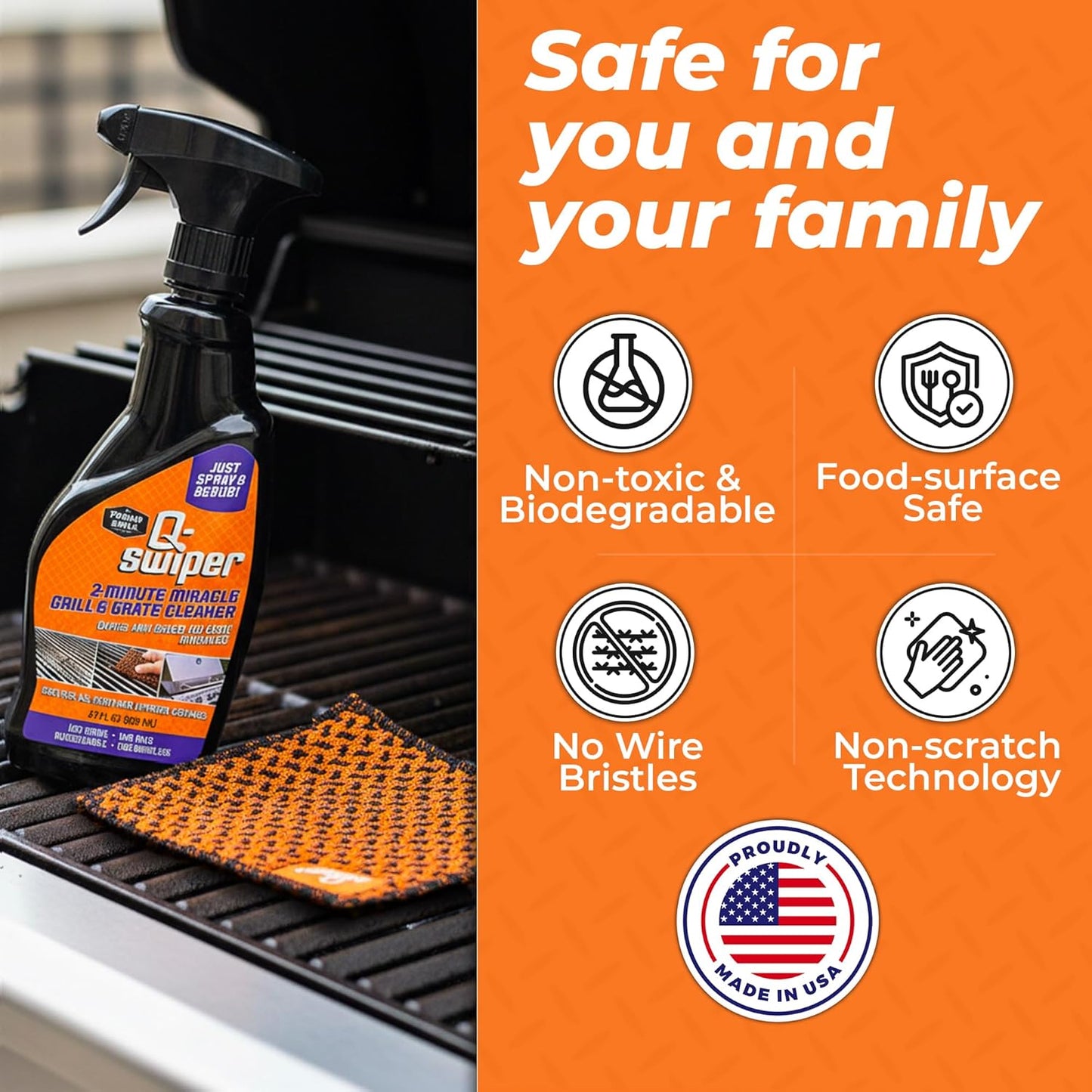 Proud Grill Company Q-Swiper 2-Minute Miracle Grill & Grate Cleaner with Scrub Clean Cloth - Degreaser Spray for BBQ, Oven, Stove, Kitchen Tops & Surfaces, Grate & Grease Remover, Smoker Cleaning Kit