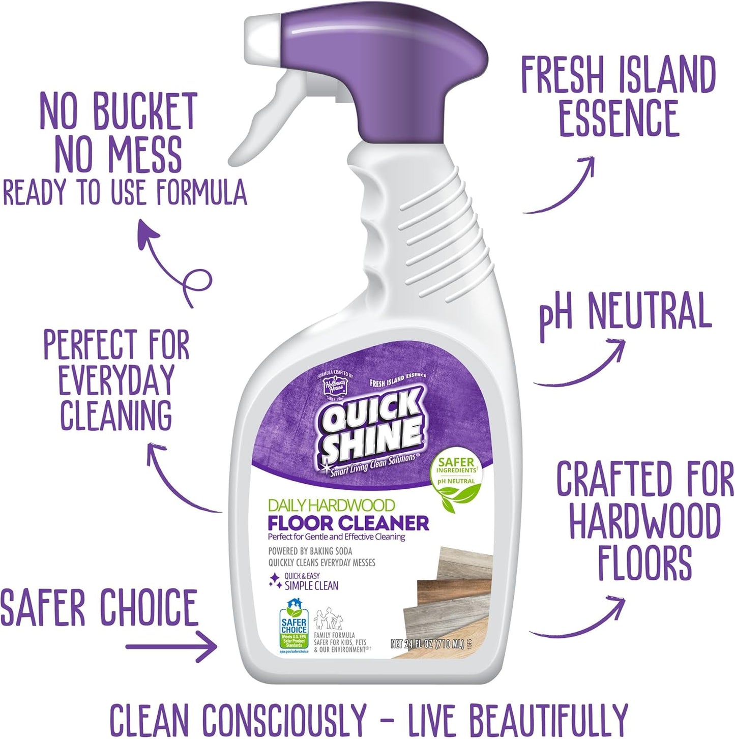 Quick Shine Hardwood Floor Cleaner 64oz | Use in Spray & Vac Mops | Removes Dirt & Scuff Marks | Ready-to-Use, Streak Free, No Rinse | Safer Choice Cleaner |Perfect for Gentle and Effective Cleaning