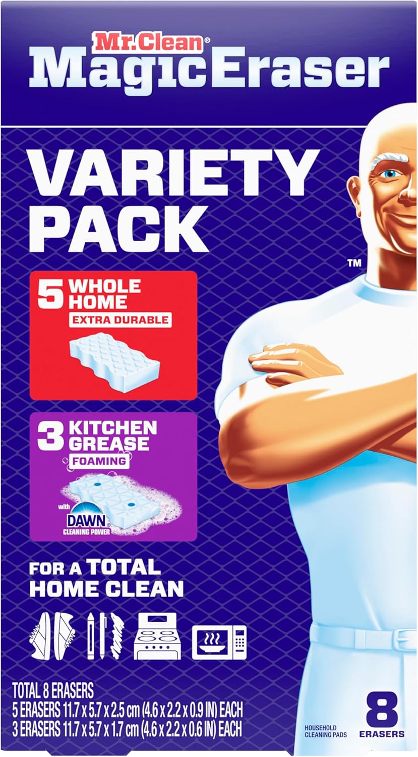 Mr. Clean Magic Eraser Sponge, All Purpose Cleaner, Cleaning Scrubber, Kitchen, Bathroom, Shower, Oven, Cleaning Supplies, Variety Pack with 1 Ultra Thick, 2 Ultra Foamy, & 3 Extra Durable, 6ct