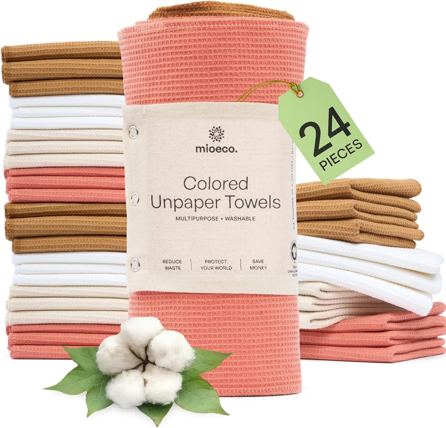 mioeco 20 Pack Reusable Kitchen Paper Towels Washable - Super Absorbent Natural unPaper Towels - Natural Cotton - Reusable, Paperless Kitchen Dish Cloths - 100% Organic