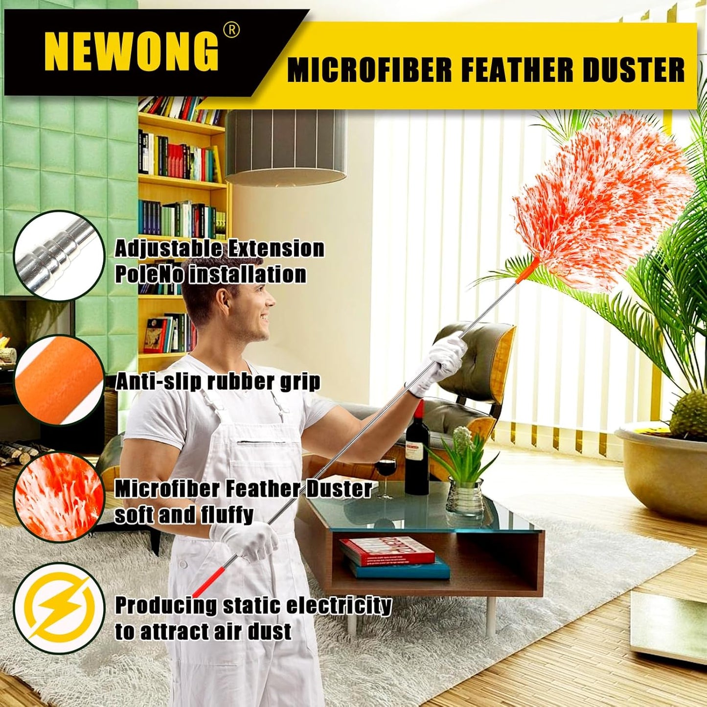 20-49inches Extendable Microfiber Feather Duster with 10pcs Replaceable Heads, Extra Long Bendable Duster for Cleaning, Electrostatic Dust Remove for Furniture, Ceiling, Window,etc (Navy Blue)