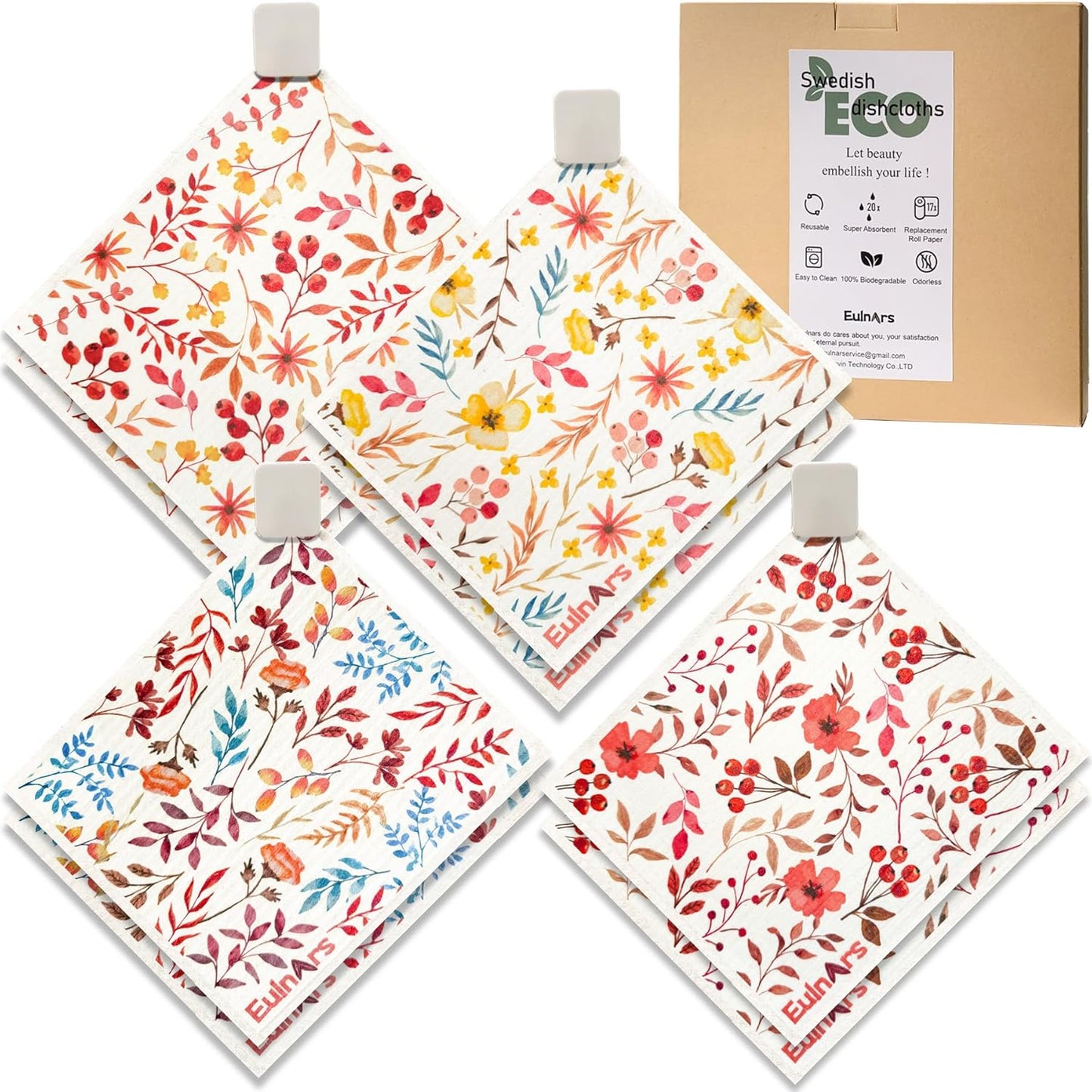 Eulnars Swedish Dishcloths for Kitchen, 8 Pack Reusable Paper Towels with Clips, Non-Scratch Swedish Kitchen Towels, Super Absorbent Cellulose Sponge Cloths, Dishwasher Safe, No Odor