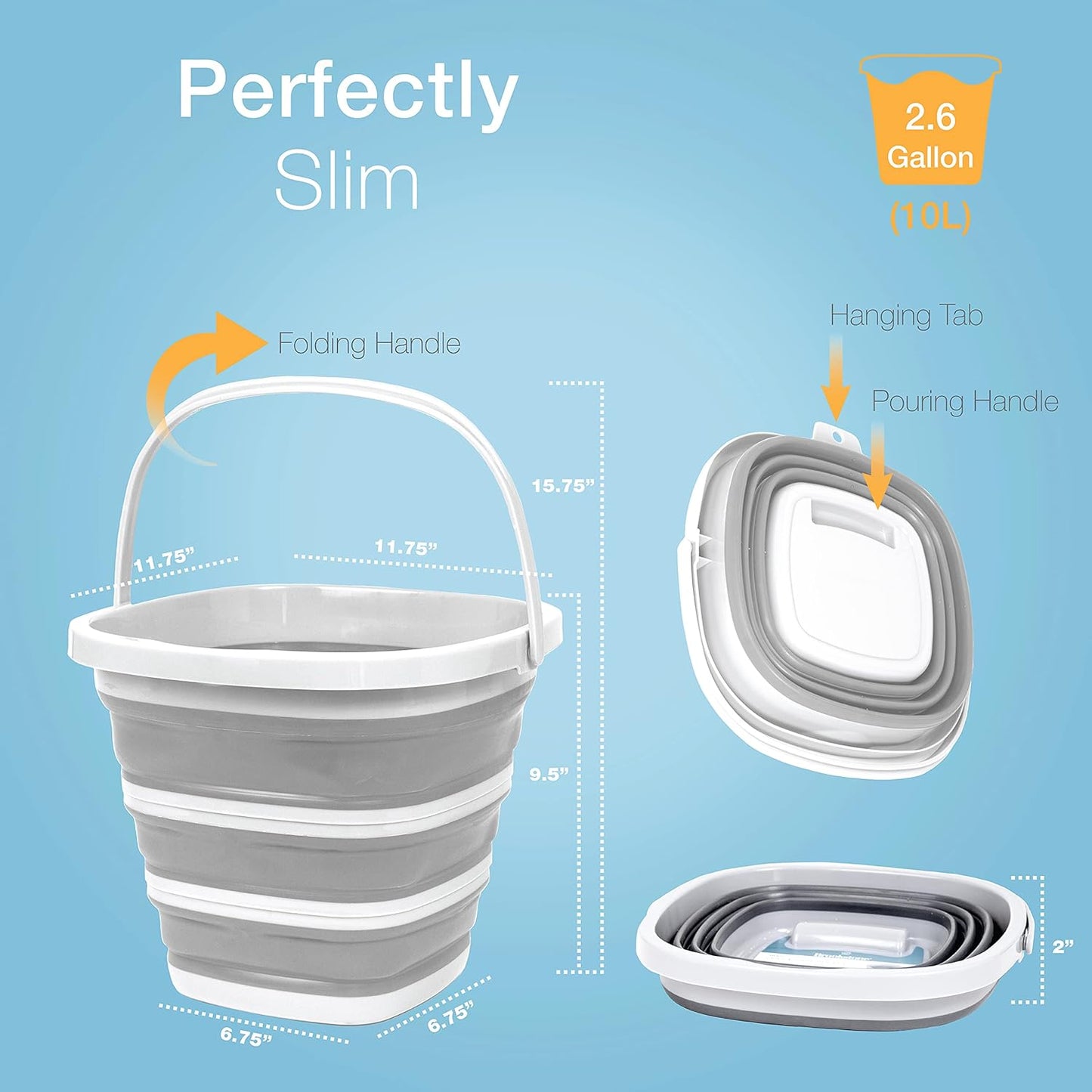 Brookstone Collapsible Bucket, Foldable Cleaning Bucket with Handle, Household Essentials Cleaning Basin and Dust Mop Bucket, Collapsible Wash Basin for Car Cleaning, [2.6 Gal. 10L] Square, White