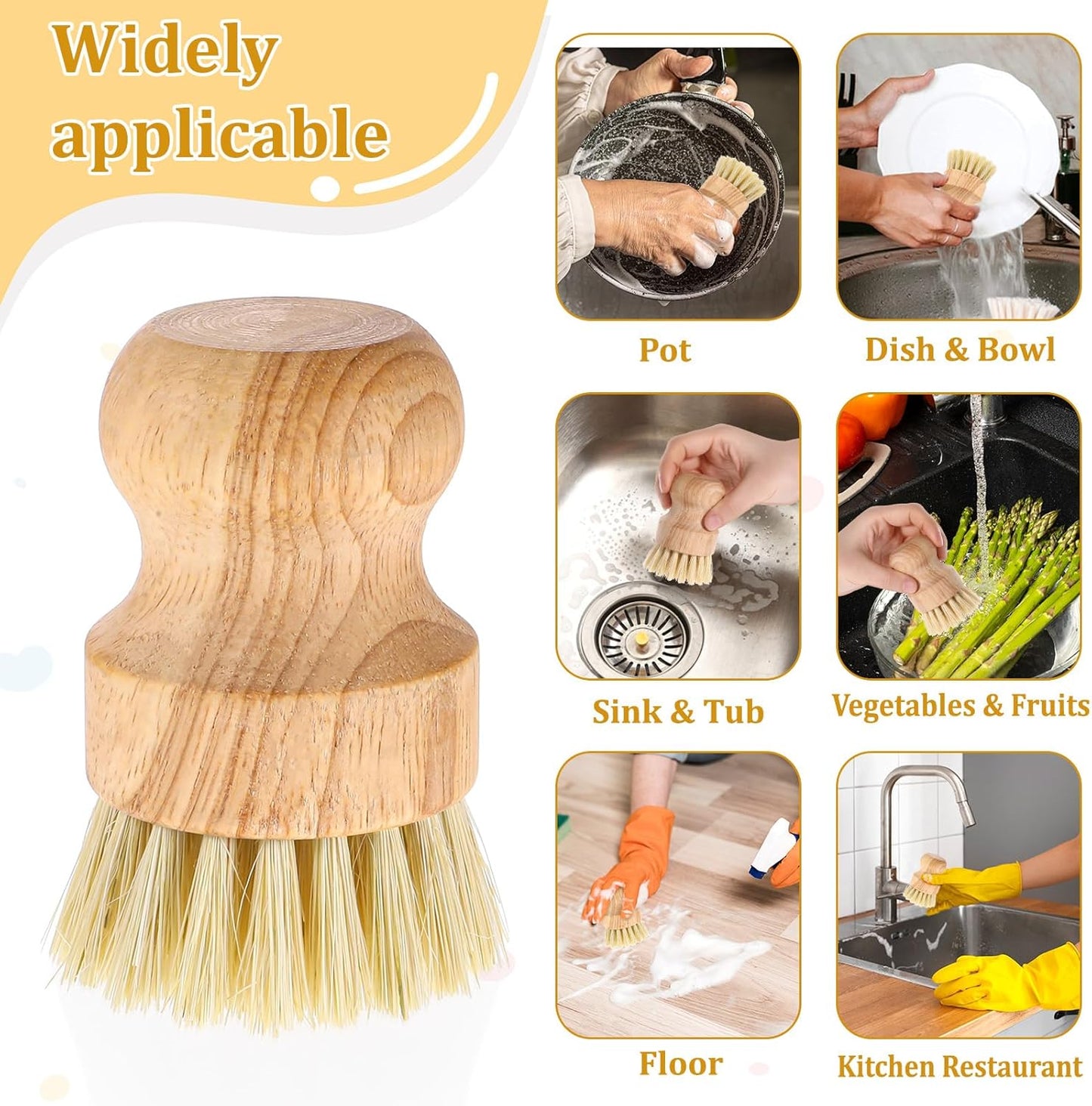 18 Packs Bamboo Dish Scrub Brushes Durable Wood Dishes Scrub Brush Wok Brush with Natural Sisal Bristles for Cleaning Pots, Pans, Sinks, Woks, Vegetables