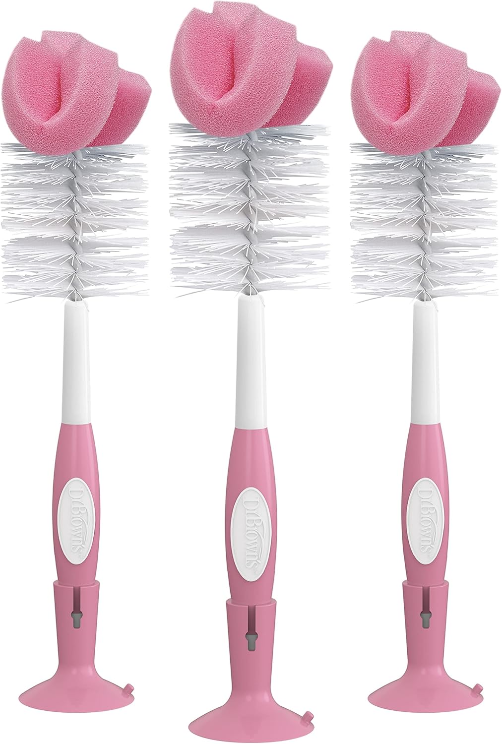Dr. Brown's Reusable Sponge Baby Bottle Cleaning Brush with Suction Cup Stand, Scrubber and Nipple Cleaner, Pink 1-Pack