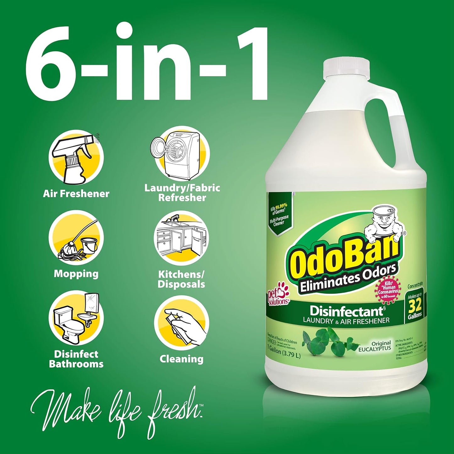 OdoBan Disinfectant Concentrate and Odor Eliminator, 1 Gallon, Fresh Linen Scent
