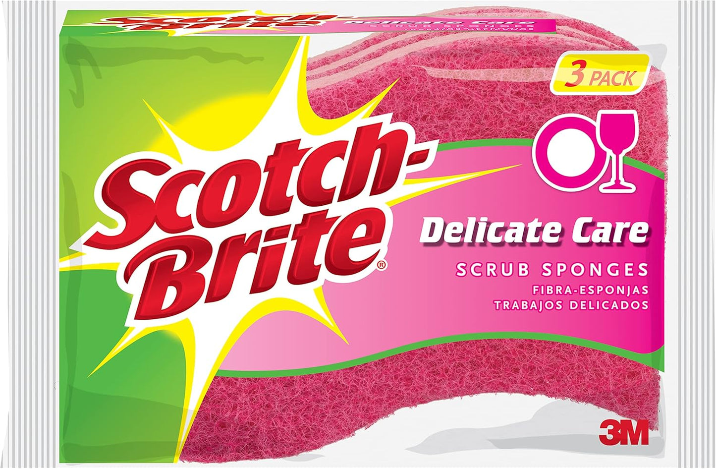 Scotch-Brite Delicate Clean Non-Scratch Scrub Sponge, 3 Nonscratch Kitchen Sponges for Gentle Cleaning of Porcelain, Fine china, Stemware, Nonstick Pots and Pans, Mirrors, Faucets, and More