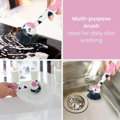 Vigar Felix Cat-Shaped Soap Dispensing Dish Brush, Dish Brush with Soap Dispenser for Pot Scrubber, Dishes, Sink, and Kitchen Essentials, Black, Gray
