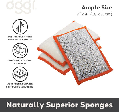 OGGI Bambou Odor-Free Scrubbing Sponges - Natural Scrub Sponges for Dishes, 91% Bamboo-Derived Rayon Cellulose Fiber, Reusable, Absorbent, Durable Scrubbers, Non-Scratch, Washable - 3 pcs, 7x4
