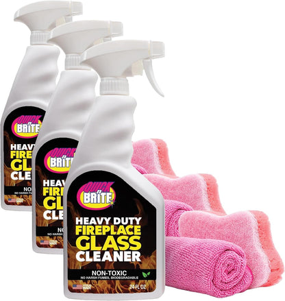 Quick N Brite Fireplace Glass Cleaner Kit with Cloth and Sponge, Removes Soot, Smoke, Creosote, and more, 16 oz, 1-Pack