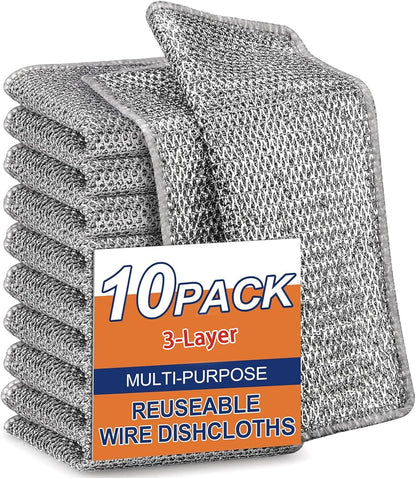 Upgraded 3-Layer Metal Dish Scrubber-6Pcs, No Scratches, Odor-Free, Multi-Purpose Stainless Steel Scouring Pad for Kitchen Cleaning – Dry & Wet Use, for Dishes, Cookware, Sinks, Stove Tops (6PCS)