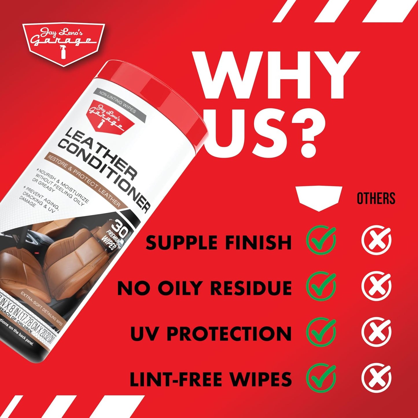 Jay Leno’s Garage Leather Conditioner Wipes for Car Interior Disposable for Upholstery Steering Wheels and Dashboards Nourishes Protects and Restores with UV Protection 30 Count (30 Count (Pack of 1))