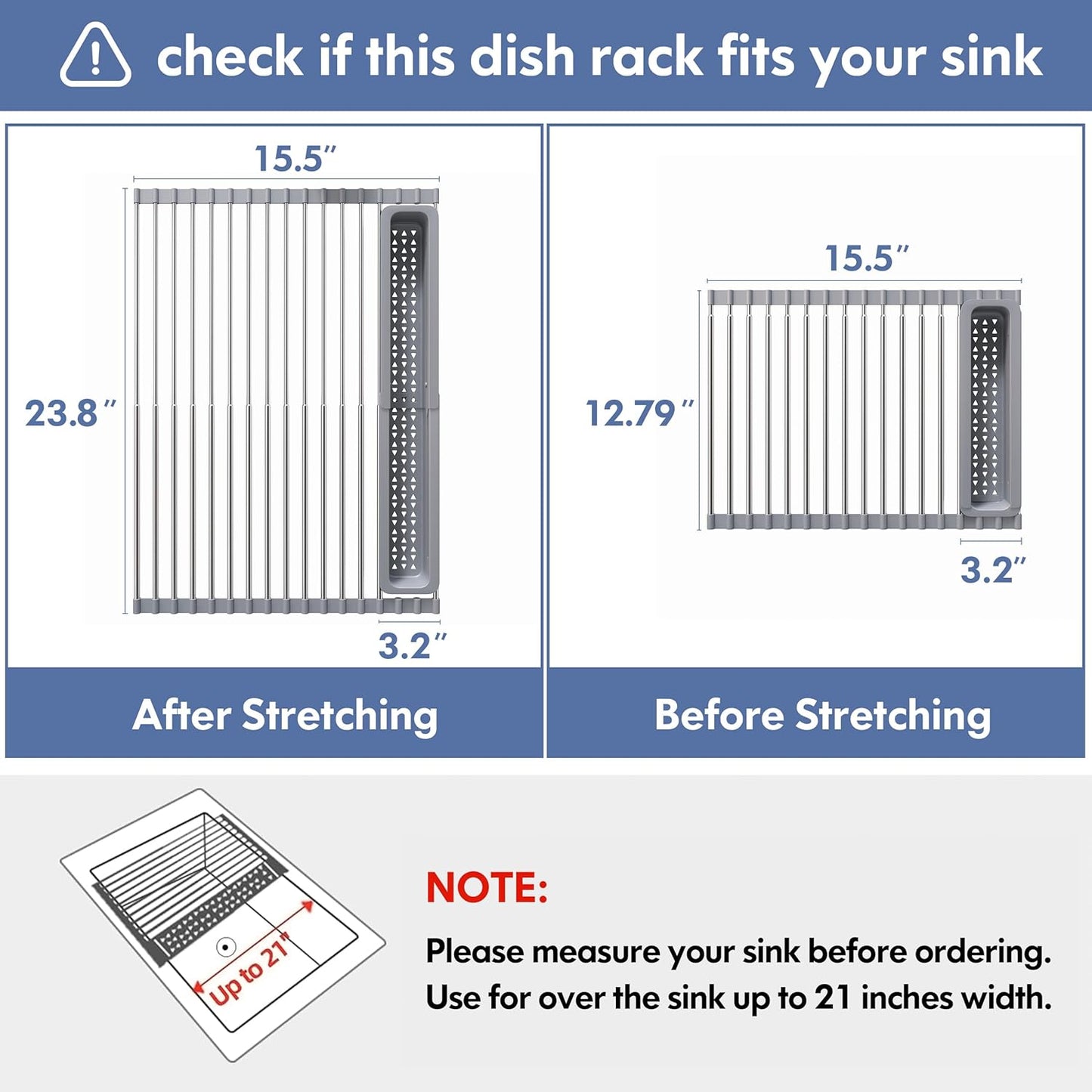 JASIWAY Dish Drying Rack in Sink, Expandable Stainless Steel Dish Drainers for Kitchen Counter, Dish Dryer Rack for Inside Sink, Over The Sink Dish Racks with Utensil Holder, Silver