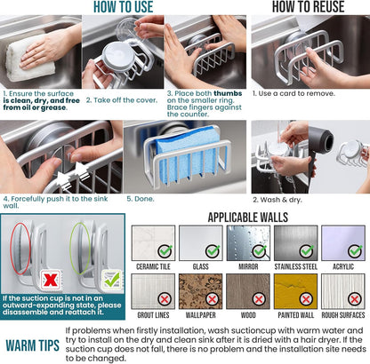 TAILI 4-in-1 Sink Caddy with Strong Suction Cup, Sponge Holder for Kitchen Sink Organizer, Removable, Rustproof, Stainless Steel Holder for Sponge, Brush, Scrubber, Scraper - Silver