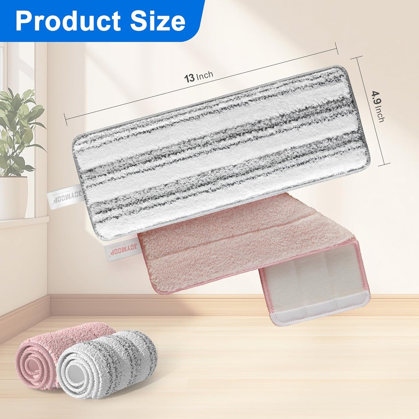 JOYMOOP 17.7-Inch Microfiber Flat Mop Replacement Pads – Washable Reusable Grey & Stripe, Pack of 4 Heavy-Duty Wet & Dry Refill for JOYMOOP Flat Mop & Bucket System