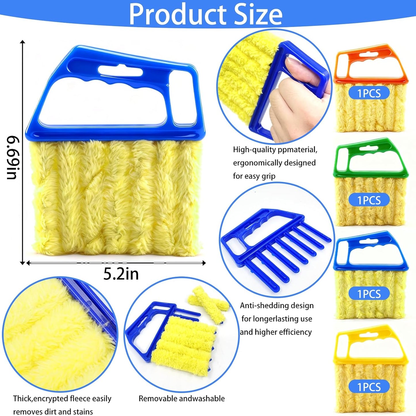 8Pcs Window Venetian Blind Cleaner Duster Tool, Microfiber 7-Finger Dusting Brush for Wood/Vinyl Blinds, Window Shutters, Air Conditioner and Fan Vents, with 4 Washable Cloth Covers