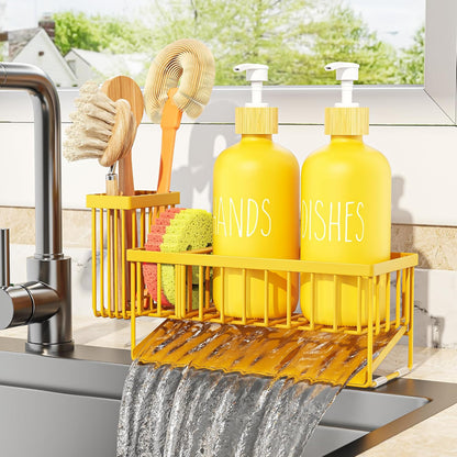 Cisily Kitchen Dish Soap Dispenser Set with 2 Pack 16.9oz Black Glass Bottle and Sponge Holder, Dish Soap Dispensers with Adjustable Sponge Holder, Vintage Hand and Dish Soap Dispensers Set