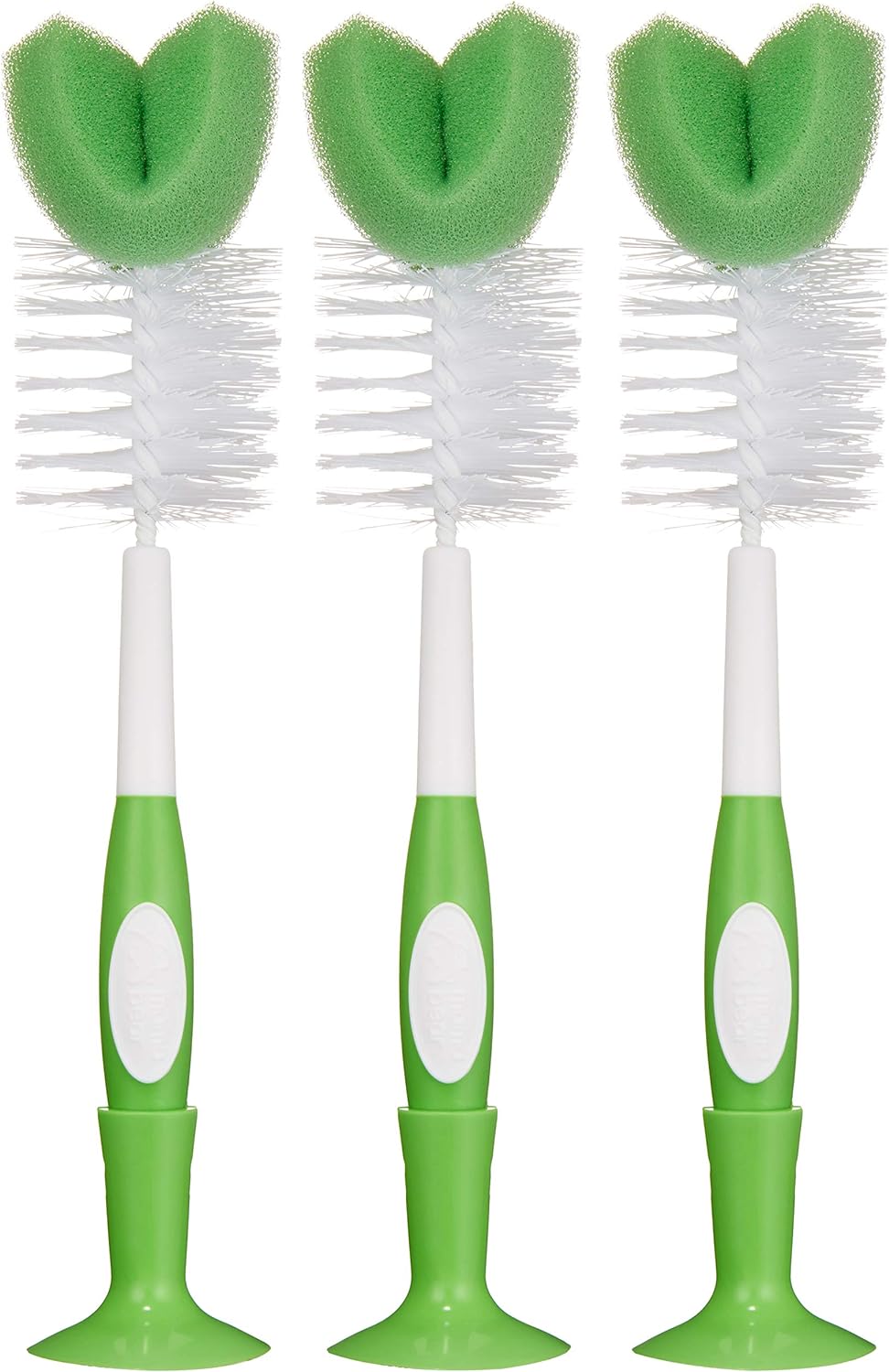 Amazon Brand - Mama Bear Baby Bottle Brush with Nipple Cleaner and Suction Cup Stand, White (Pack of 3)