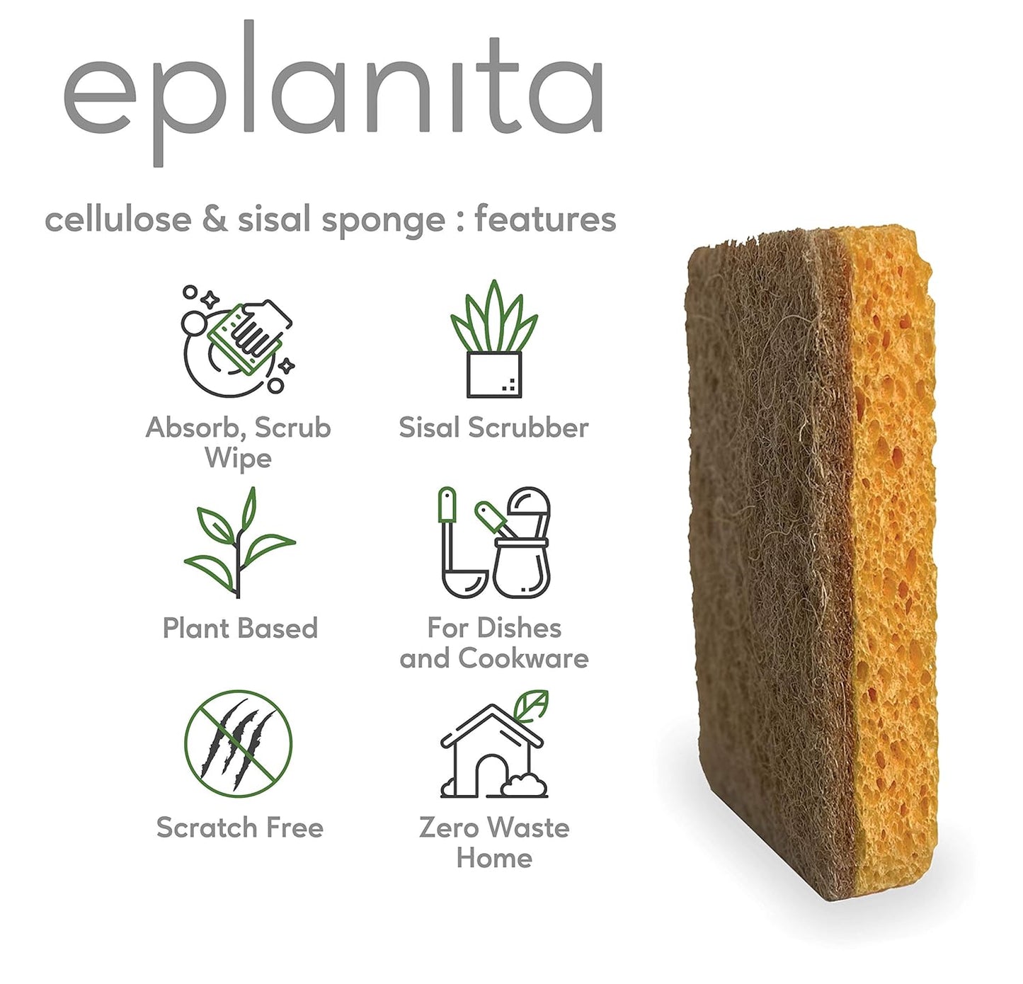 eplanita Natural Plant Based Scrub Sponges (6 Pack), Non-Scratch, Biodegradable Eco Scourers for Kitchen and Bathroom