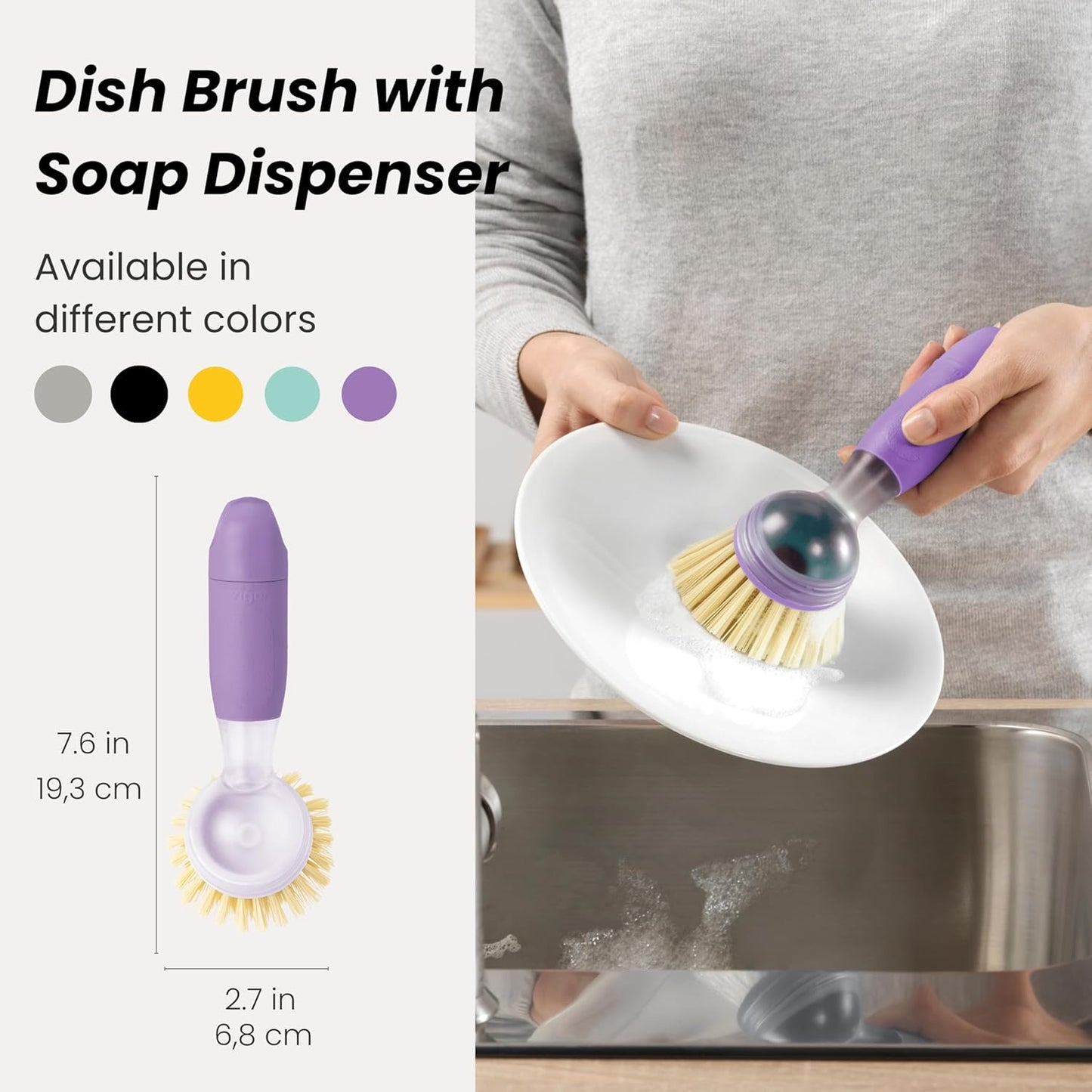 Vigar Rengo Soap Dispensing Dish Brush, Dish Brush with Soap Dispenser for Pot Scrubber, Dishes, Sink Cleaner, and Kitchen Essentials, Black