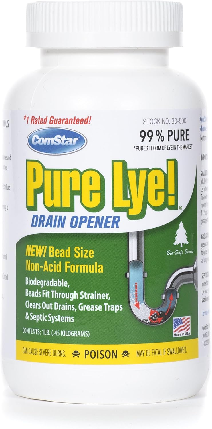 Pure Lye 1 lb - Unique Sodium Hydroxide Beads | Drain Opener & Soap Making | Biodegradable, Eco-Friendly (30-500)