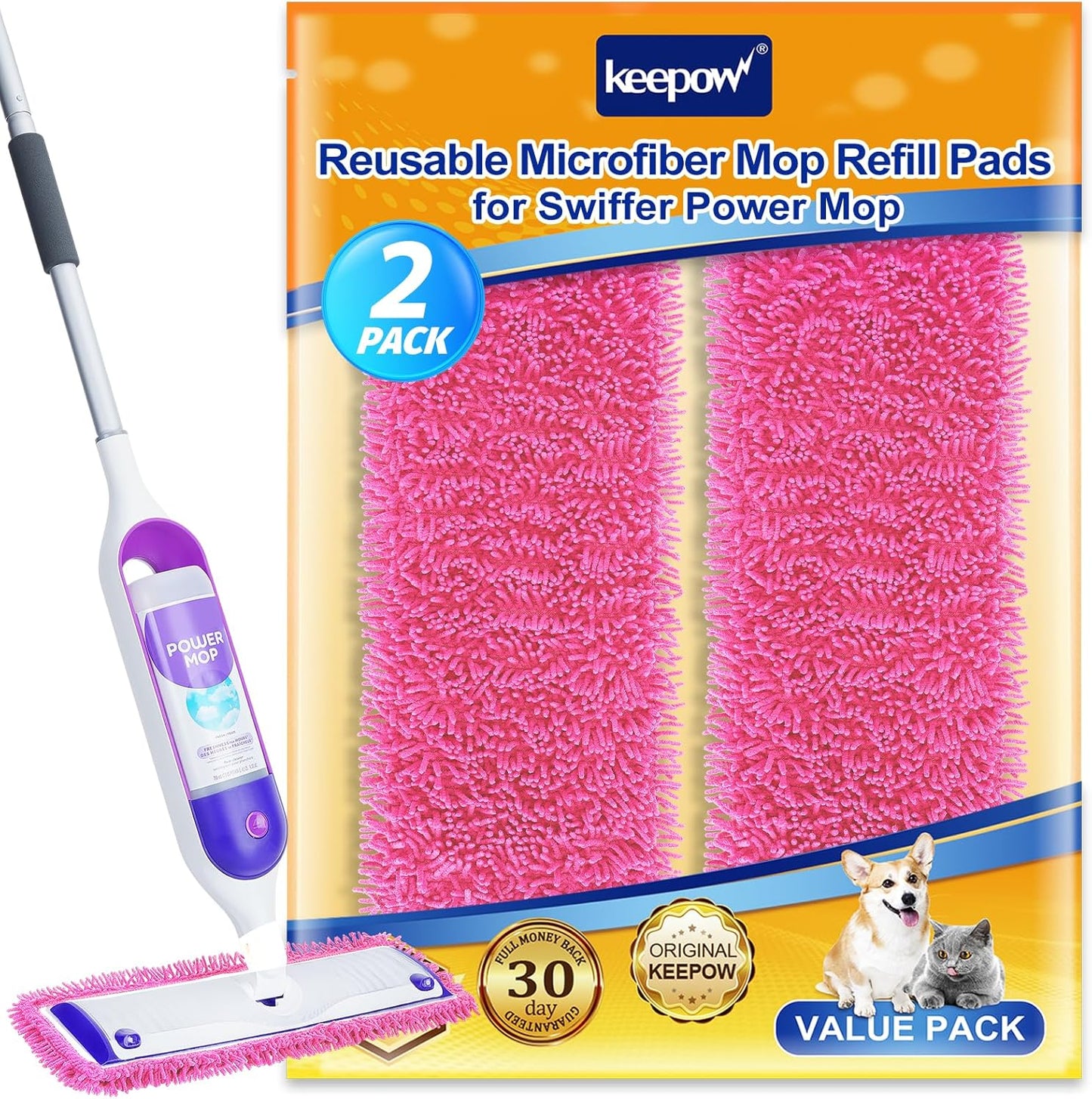 KEEPOW Reusable Microfiber Mop Pads Compatible with Swiffer PowerMop 4 Pack, Power Mop Pads Refills for 13 ''-15 '' Spray Mop, Machine Washable Pad Replacement for Multi-Surface Floor Cleaning